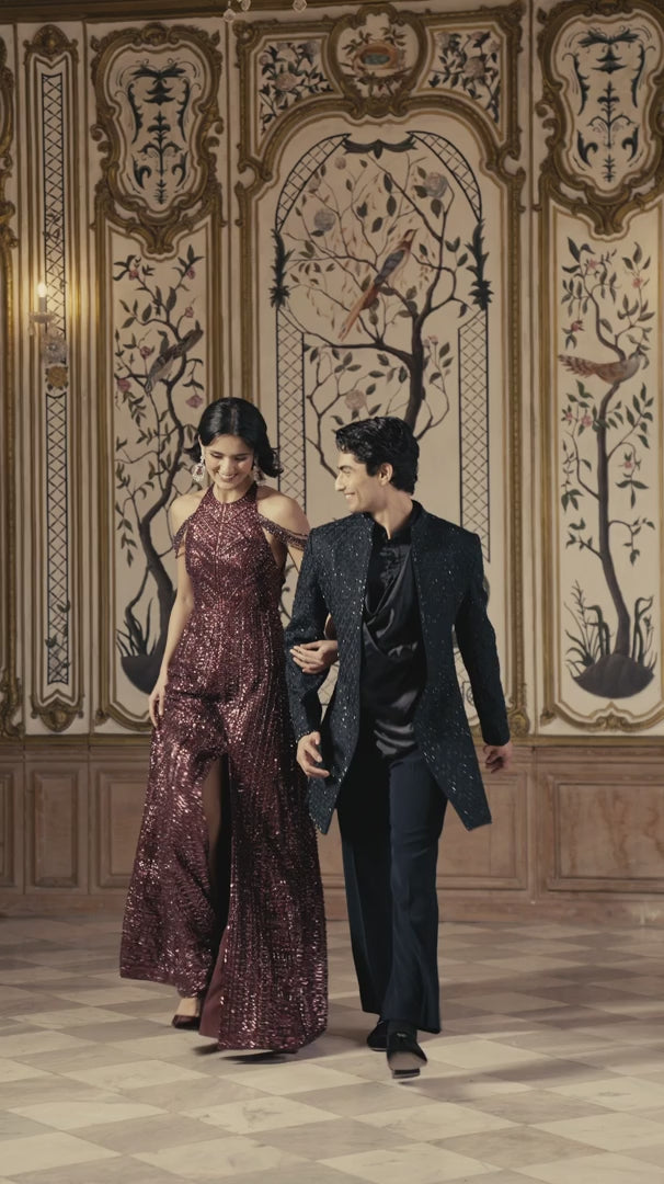 Seema Gujral - Maroon Sequin Halter Neck Gown