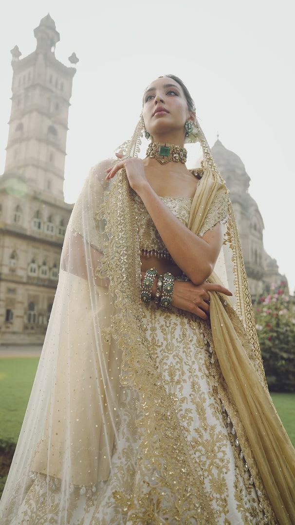 Seema Gujral - Ivory Gold Lehenga Set