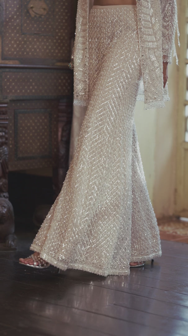 Seema Gujral - White Sequin Open Jacket - Sharara Pant Set