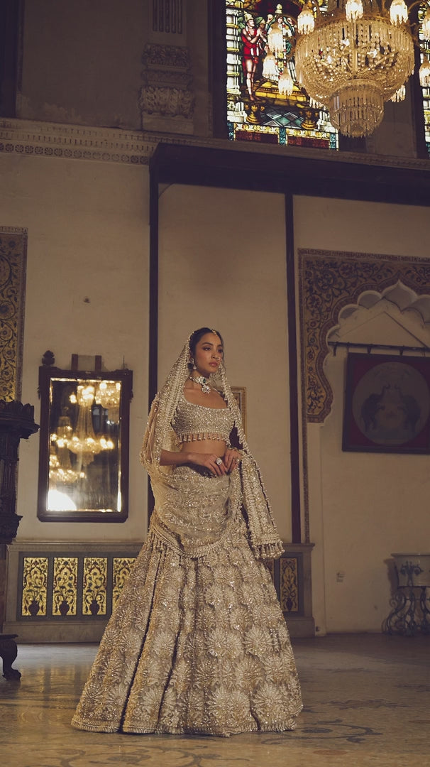 Seema Gujral - Champagne Pearl Lehenga Set