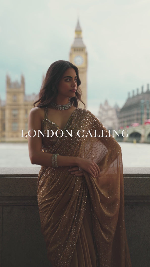 Seema Gujral - Antique Gold Crystal Saree