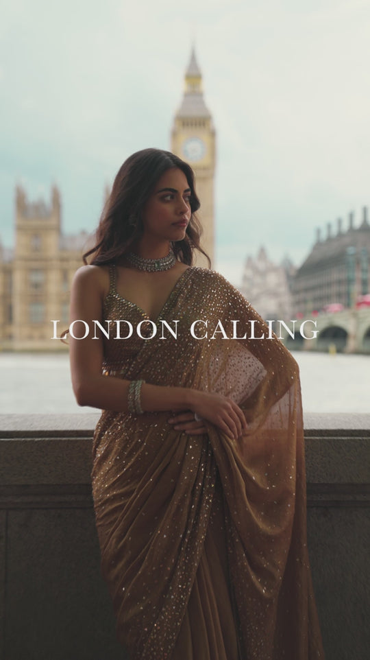 Seema Gujral - Antique Gold Crystal Saree