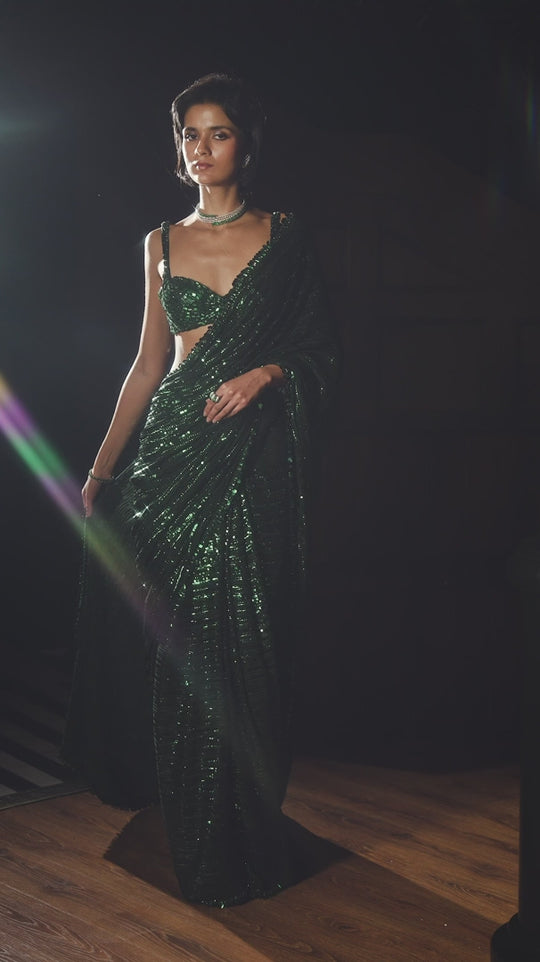 Seema Gujral - Emerald Green Sequin Georgette Saree