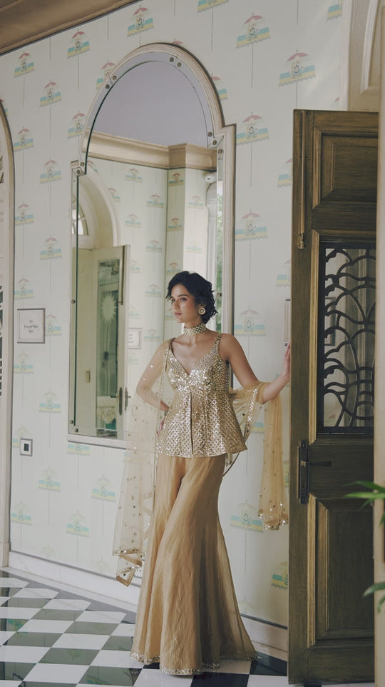 Seema Gujral - Gold Mirror Work Sharara Set