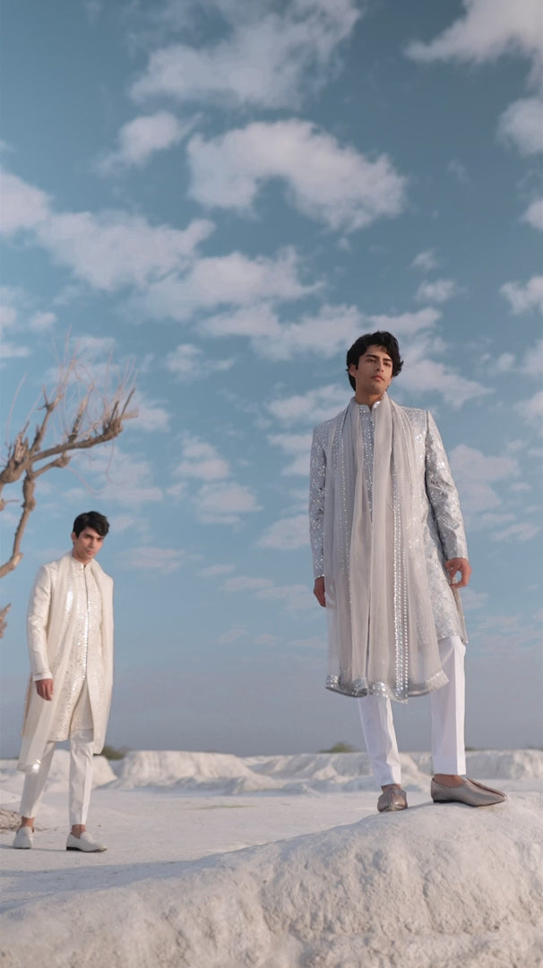 Seema Gujral - Off-White Mirror Work Sherwani Set
