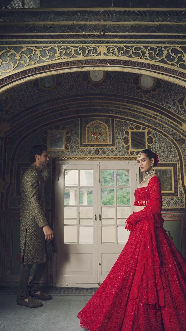 Seema Gujral - Olive Green Thread Sequin Sherwani Set