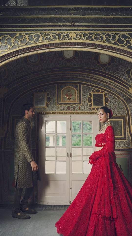 Seema Gujral - Olive Green Thread Sequin Sherwani Set