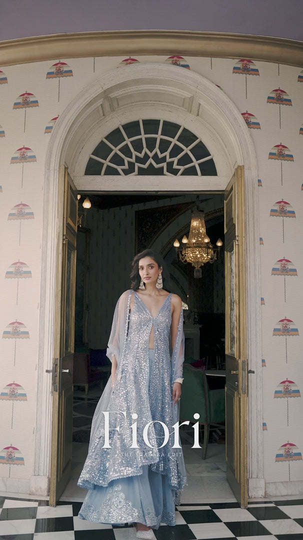 Seema Gujral - Blue Mirror Work Jacket Sharara Set