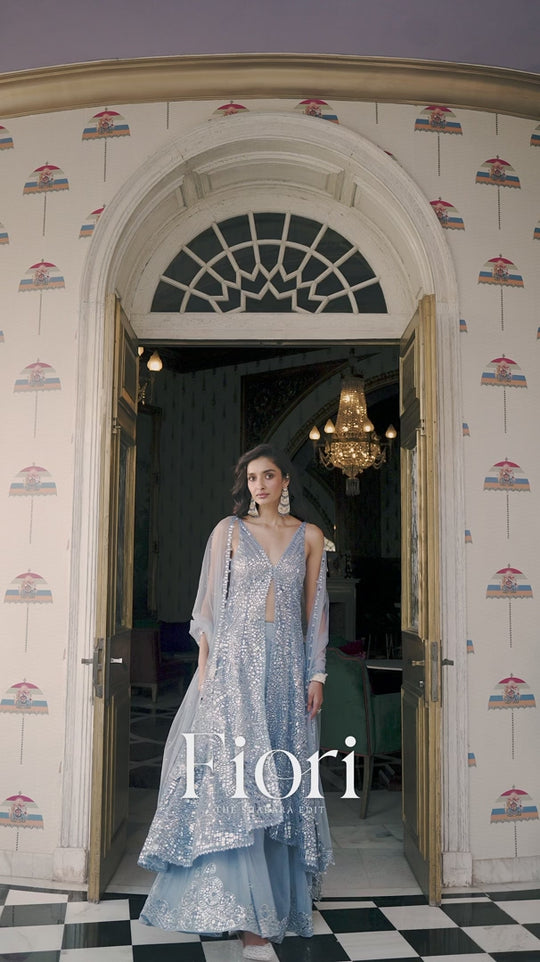 Seema Gujral - Blue Mirror Work Jacket Sharara Set