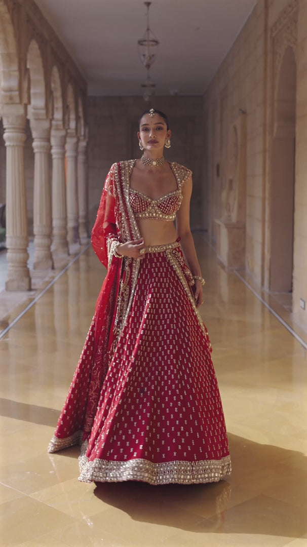 Seema Gujral - Dark Red Gold Zardosi Lehenga Set