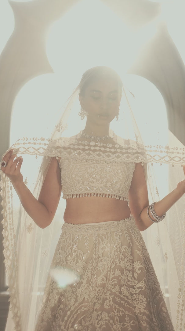 Seema Gujral - Nude Cream Abstract Dori Lehenga Set