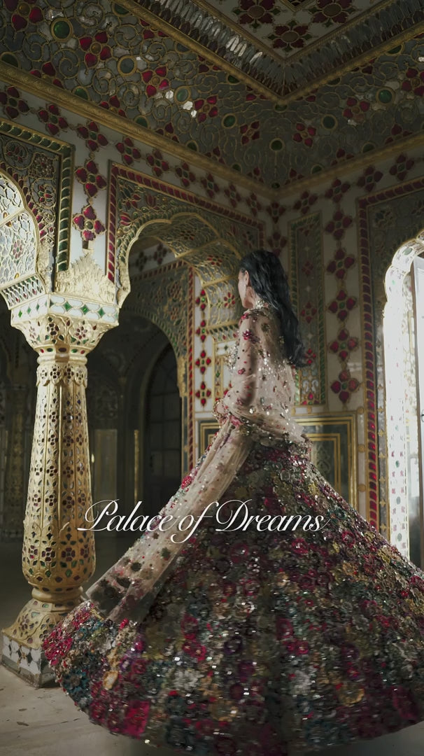 Seema Gujral - Multi-Coloured Three-Dimensional Floral Lehenga Set