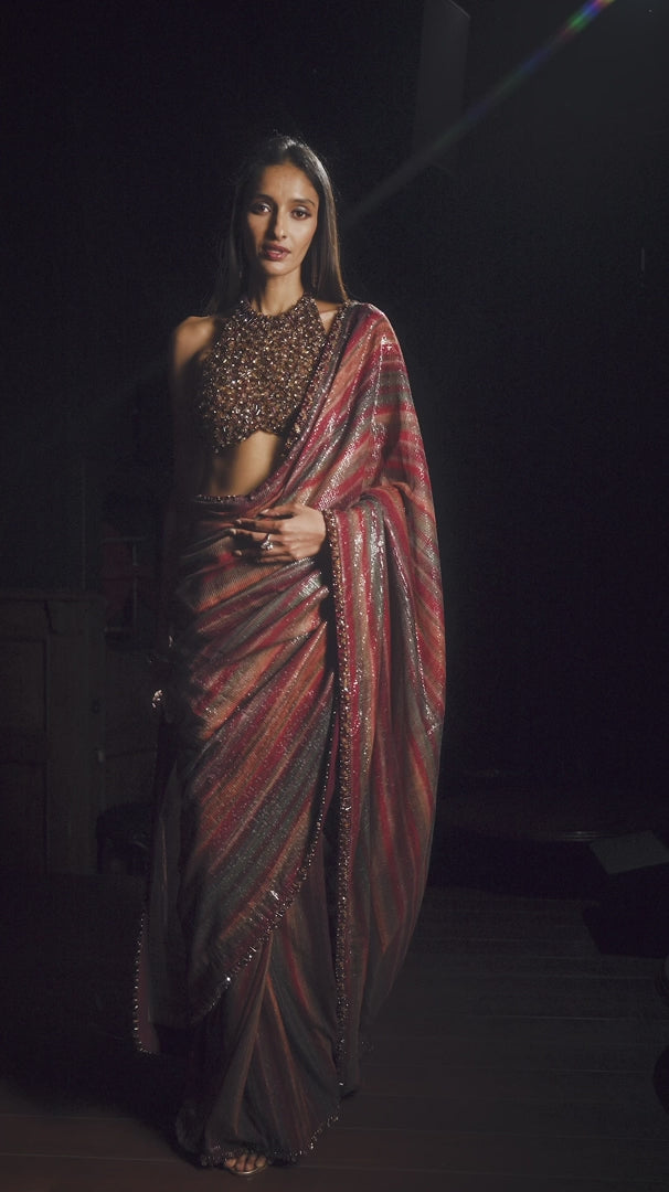 Seema Gujral - Vintage Wine Sequin Georgette Saree
