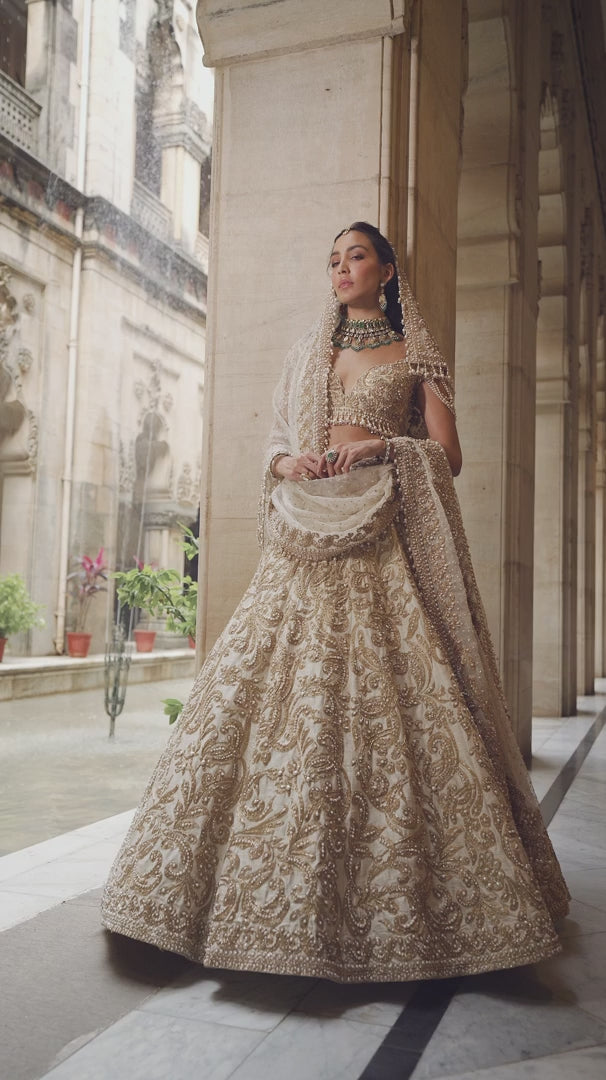 Seema Gujral - Beige &amp; Gold Lehenga Set