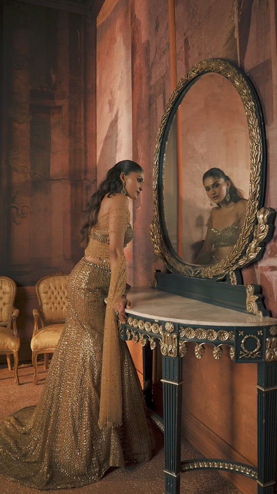 Seema Gujral - Antique Gold Trail Skirt Set