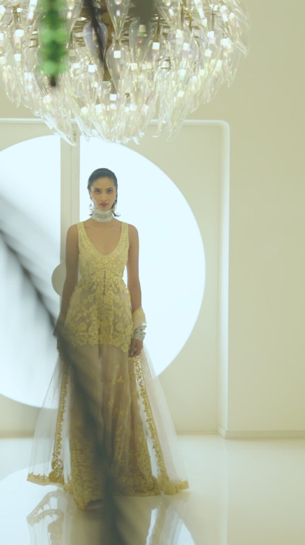 Seema Gujral - Yellow Three-Dimensional Floral Sharara Set