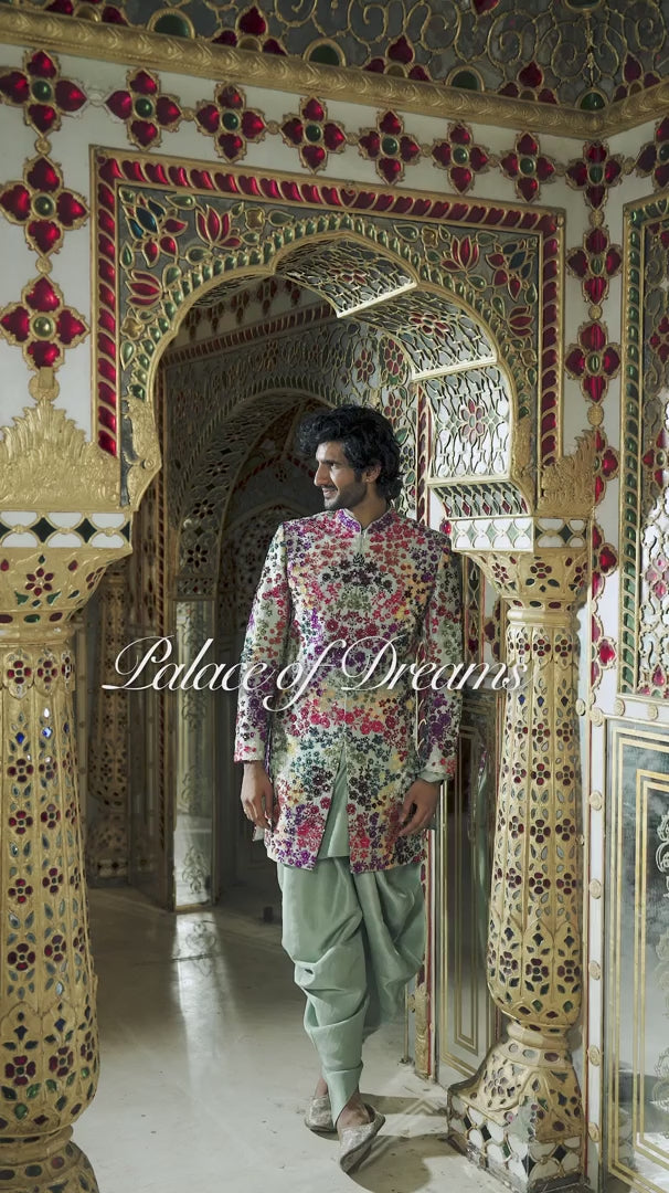 Seema Gujral - Sage Green Multi-Coloured Three-Dimensional Sherwani Set