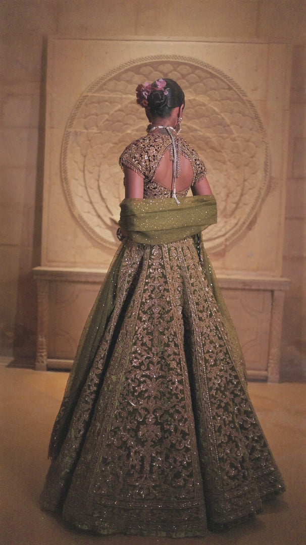 Seema Gujral - Green Velvet Zardosi Lehenga Set