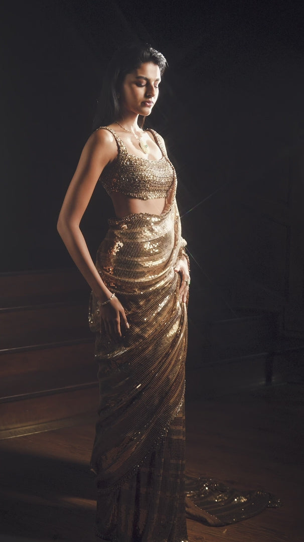 Seema Gujral - Antique Gold Sequin Georgette Saree