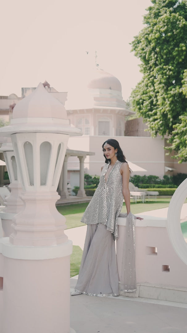 Seema Gujral - Silver Mirror Work Sharara Set