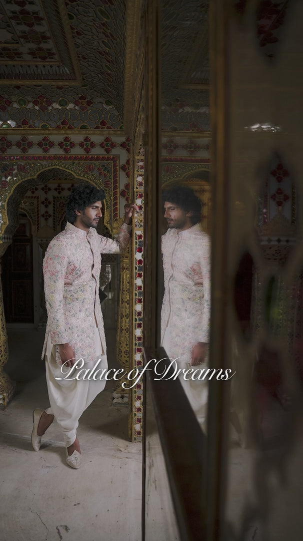 Seema Gujral - Cream Multi-Coloured Three-Dimensional Sherwani Set