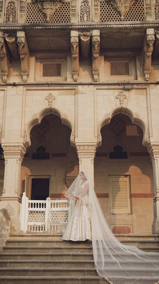 Seema Gujral - Ivory Gold Floral Zardosi Lehenga Set
