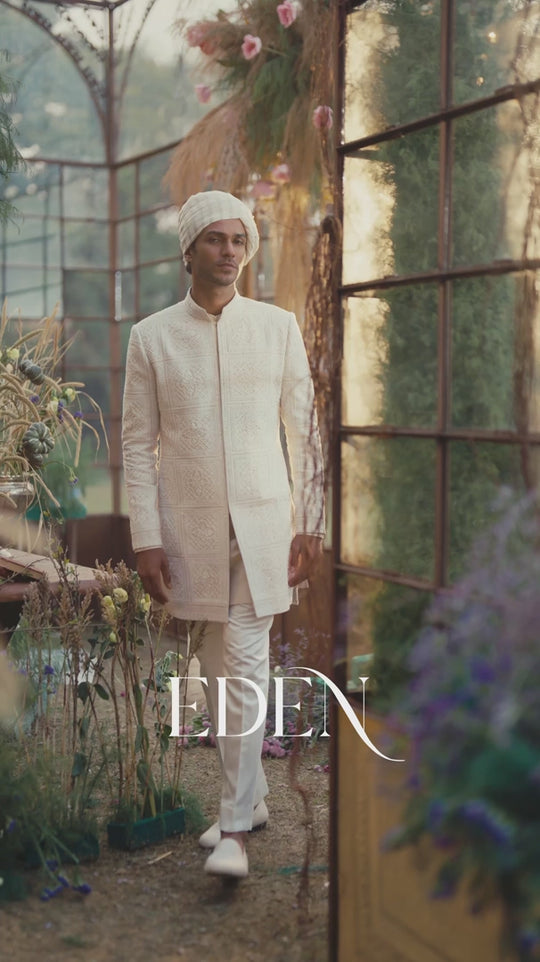 Seema Gujral - Ivory Geometric Sherwani Set