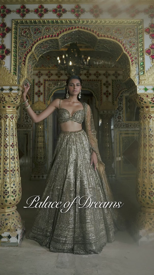 Seema Gujral - Antique Gold Sequin Lehenga Set