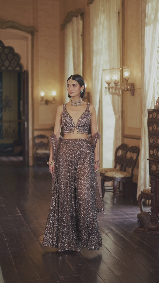 Seema Gujral - Brown Sequin Sharara Set