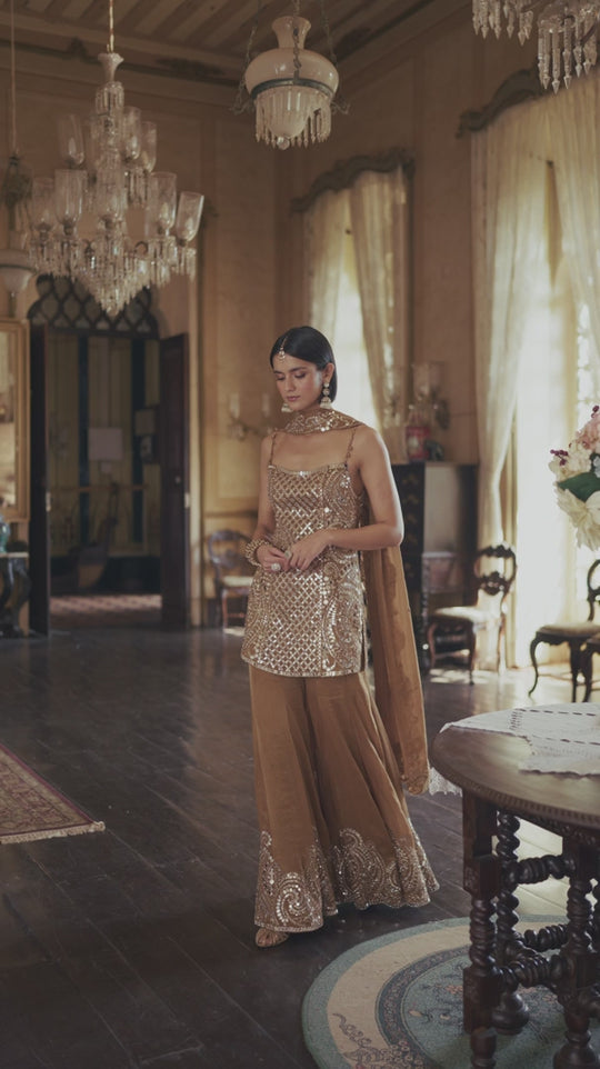 Seema Gujral - Antique Gold Mirror Sharara Set