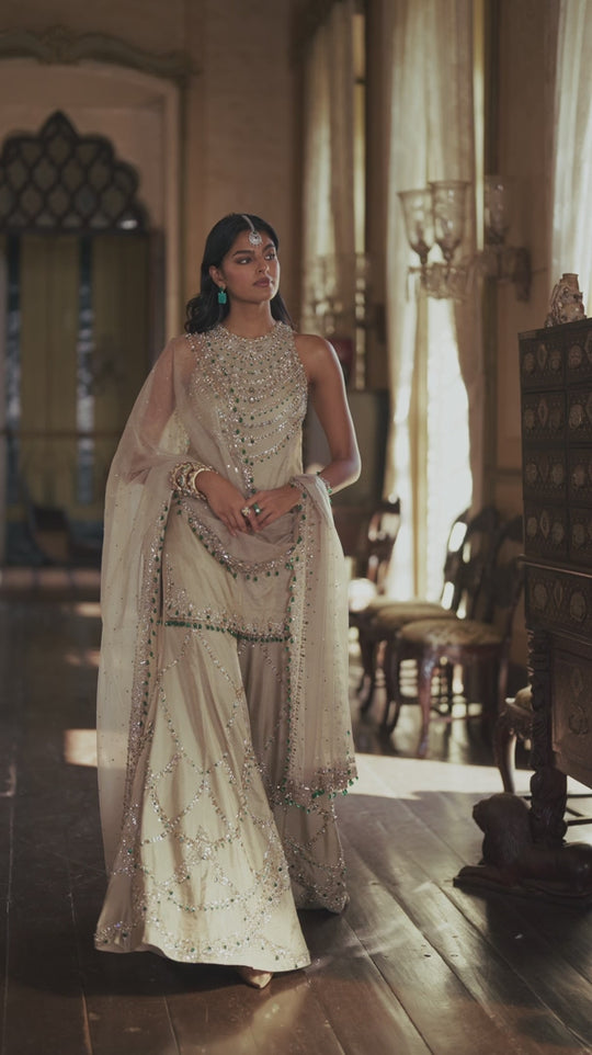 Seema Gujral - Champagne Emerald Crystal Sharara Set