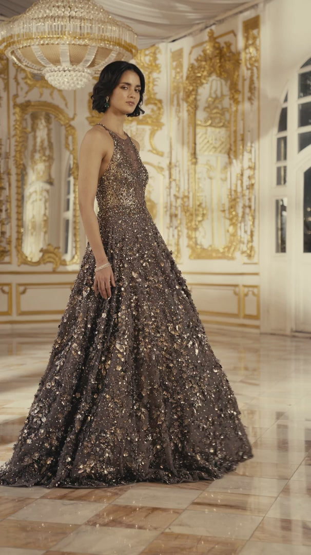 Seema Gujral - Metallic Antique Silver 3D Gown