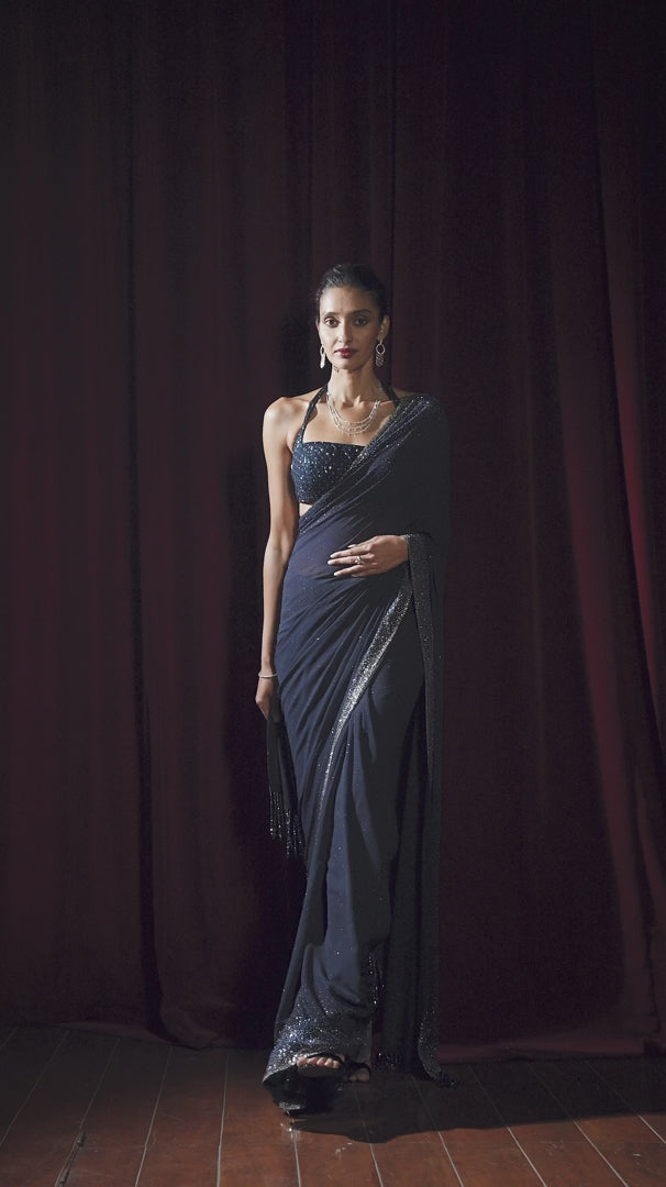 Seema Gujral - Navy Blue Crystal Georgette Saree