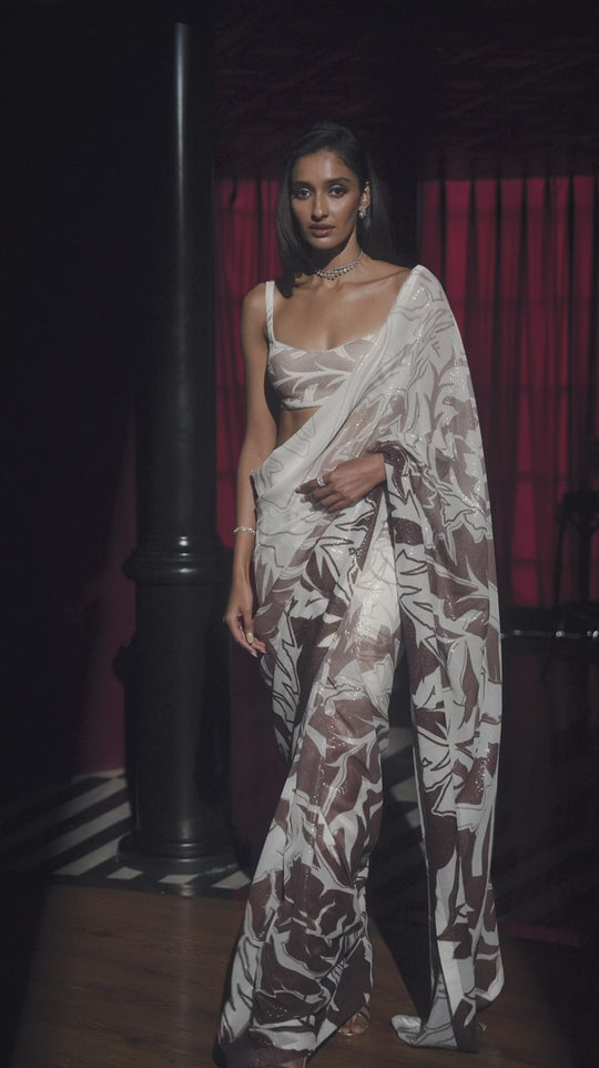 Seema Gujral - Coffee Cream Sequin Georgette Saree