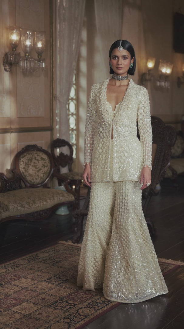 Seema Gujral - Cream Open Jacket Sharara - Pant Set