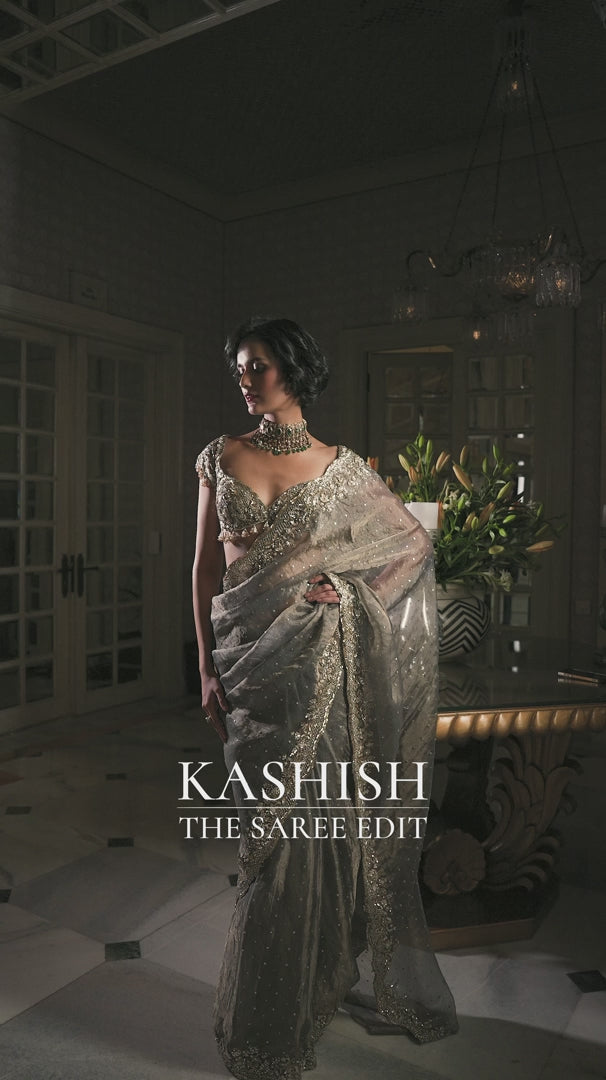 Seema Gujral - Stone Grey Tissue Organza Saree