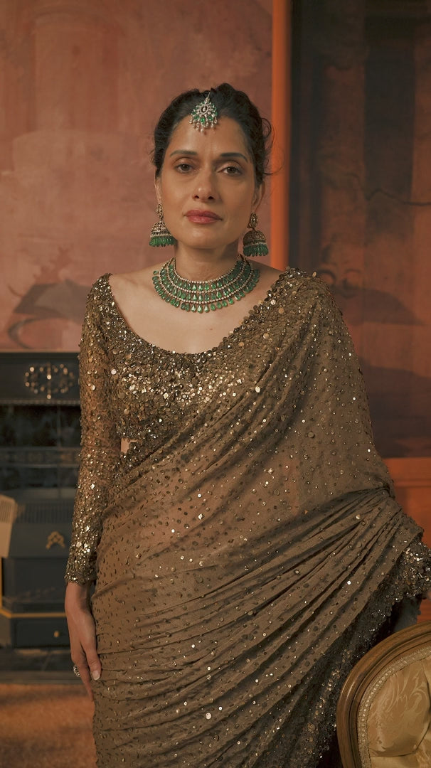 Seema Gujral - Antique Gold Georgette Sequin Saree