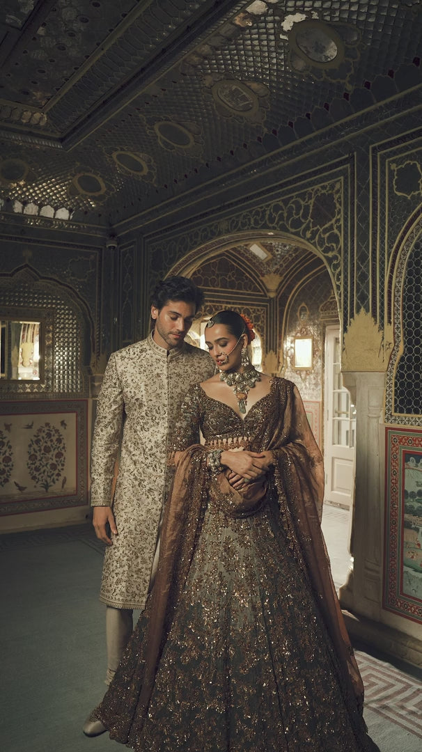 Seema Gujral - Beige Zardosi Sherwani Set