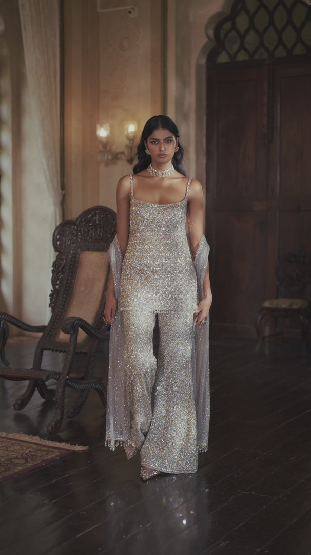 Seema Gujral - Silver Gold Crystal Pant Set
