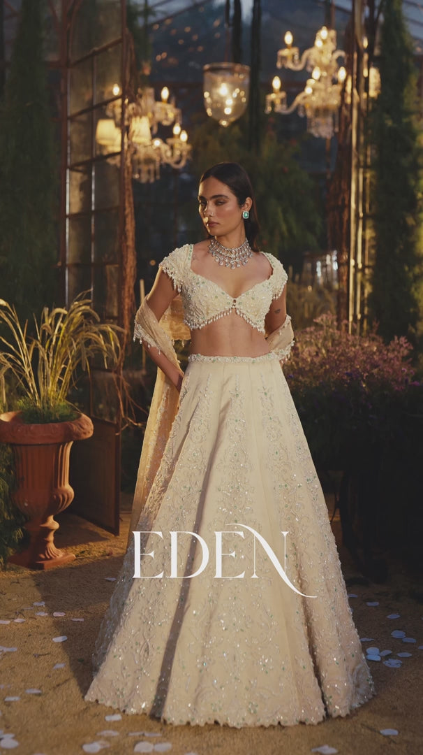 Seema Gujral - Light Gold Pearl Lehenga Set
