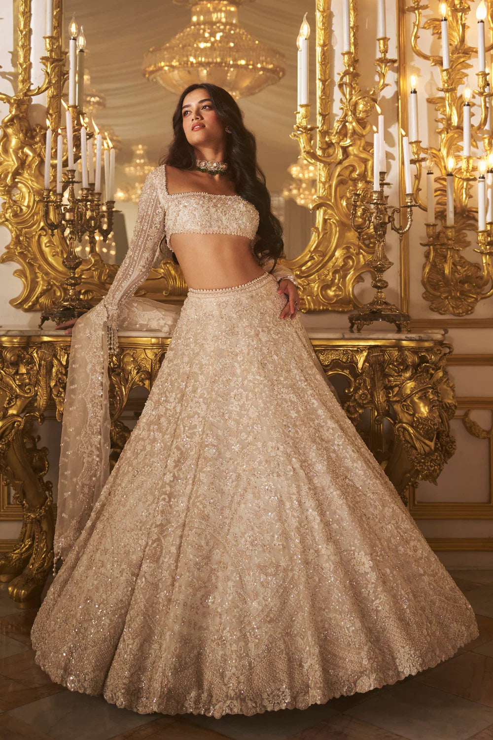 Seema Gujral - Ivory Floral Lehenga Set