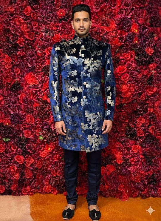 Velvety Navy Blue floral sherwani
