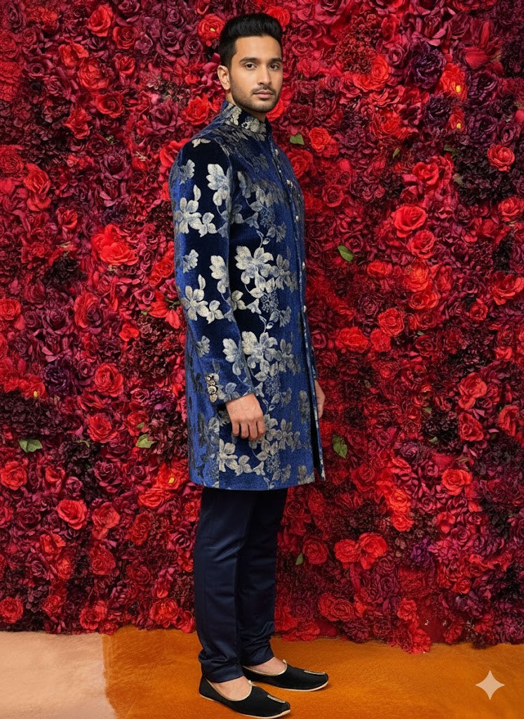 Velvety Navy Blue floral sherwani