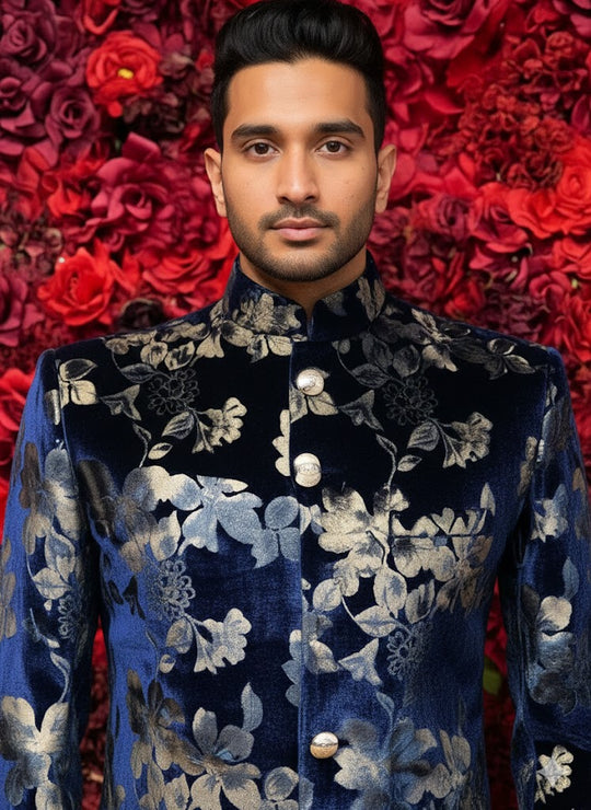 Velvety Navy Blue floral sherwani
