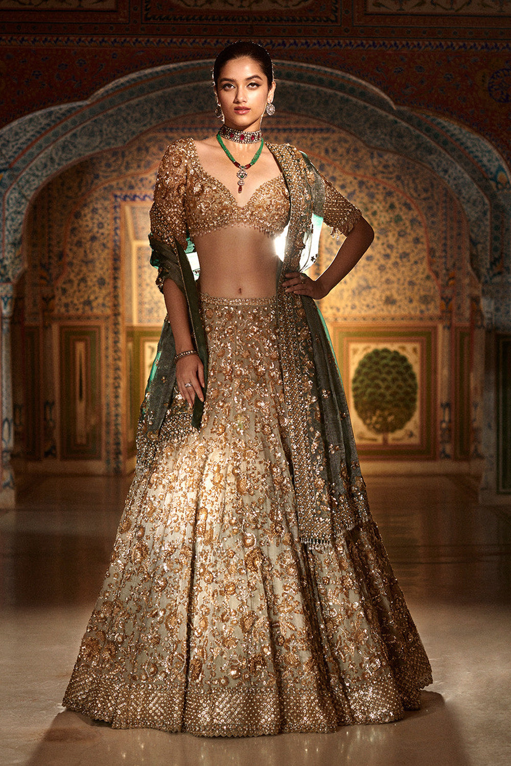 Seema Gujral - Champagne Zardozi Lehenga Set