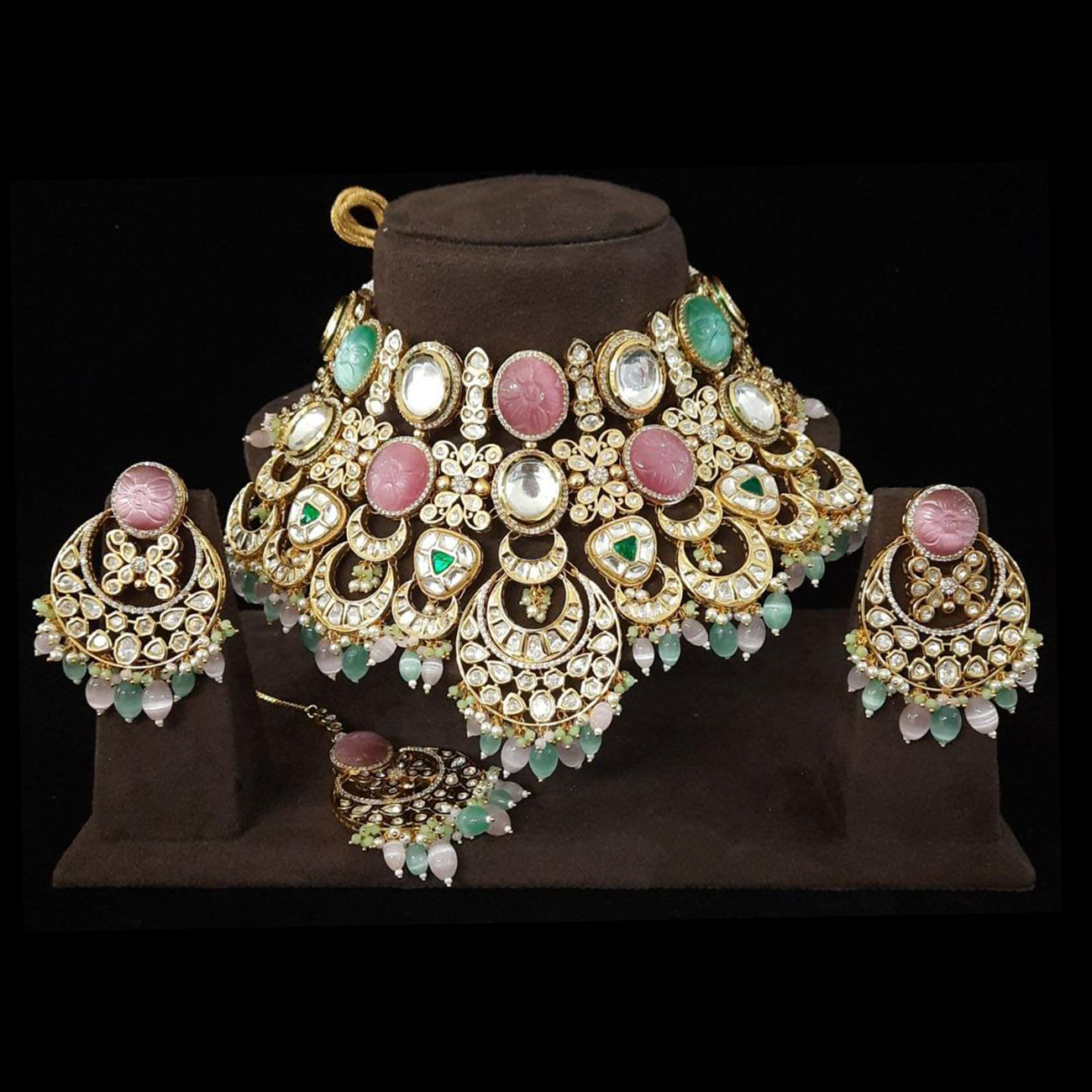 Gold_Green_Pink_ Ethnic Indian Jewelry necklace with earings
