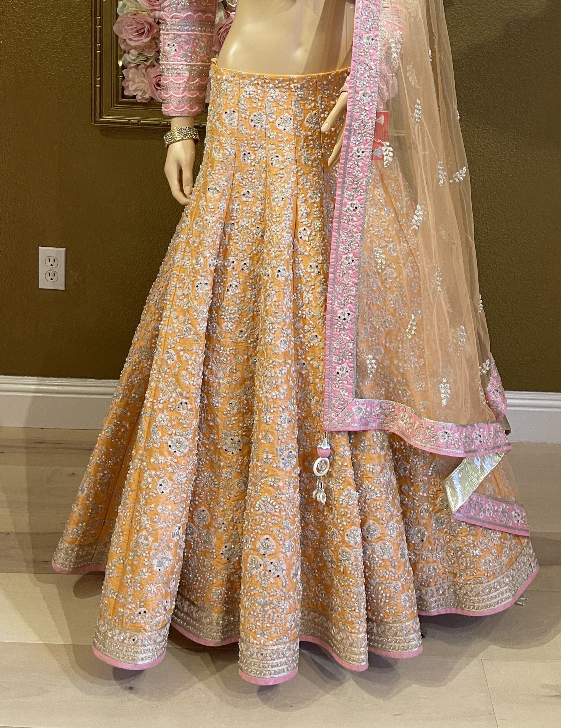 Honey Yellow Floral Lehenga with Mirror work Blouse - L | Floral lehenga,  Lehenga designs simple, Lehenga designs