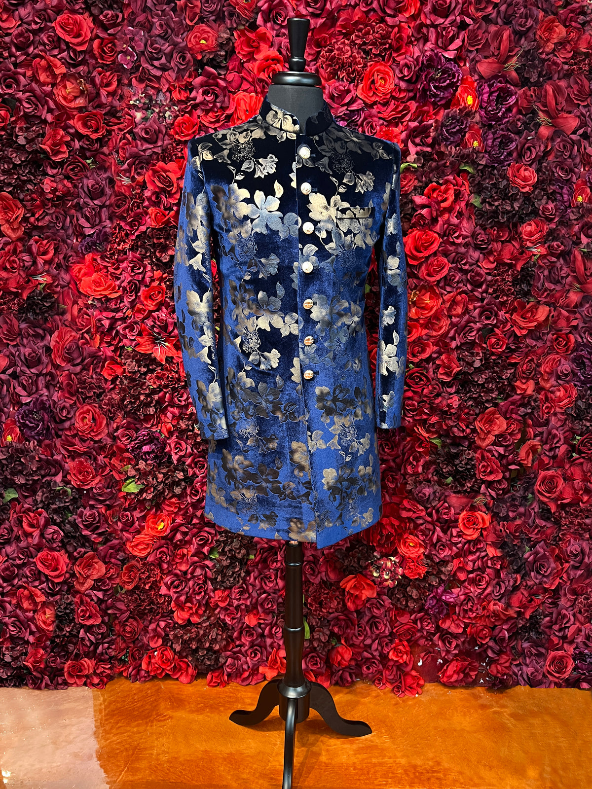 Velvety Navy Blue floral sherwani