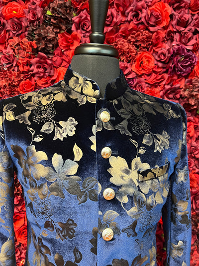 Velvety Navy Blue floral sherwani