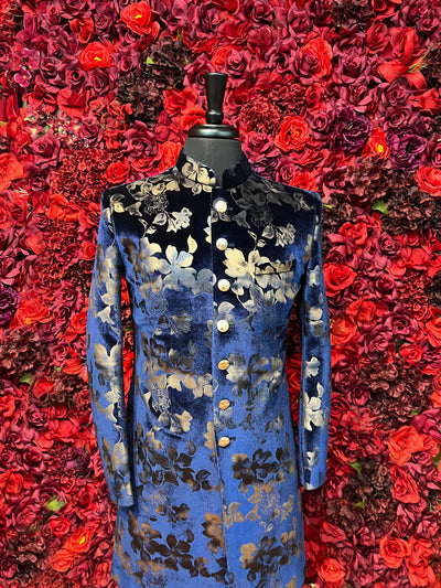 Velvety Navy Blue floral sherwani